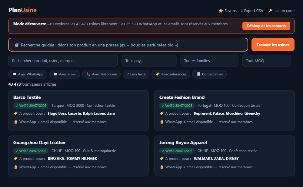 L'annuaire PlanUsine : recherche guidée, filtres par pays, famille, MOQ et type de contact, et les fiches d'usines avec leurs références de marques.